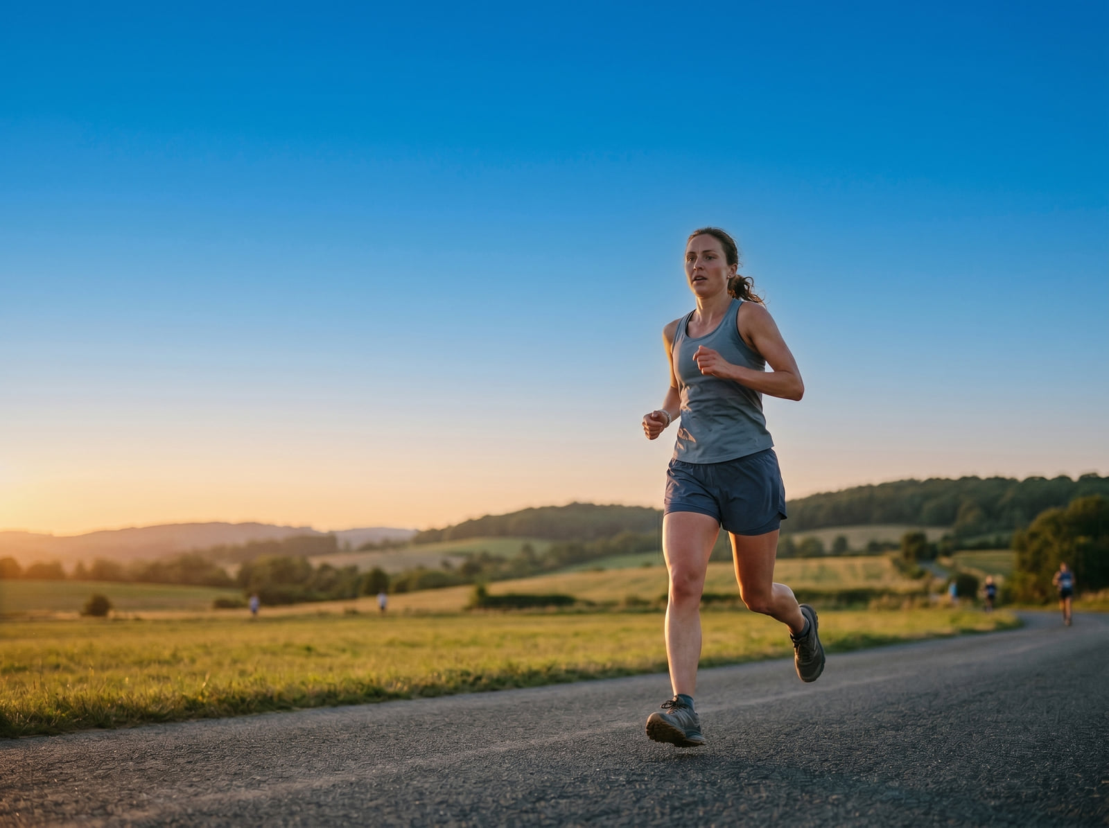 Runner at sunset on a country road, clean sky above.