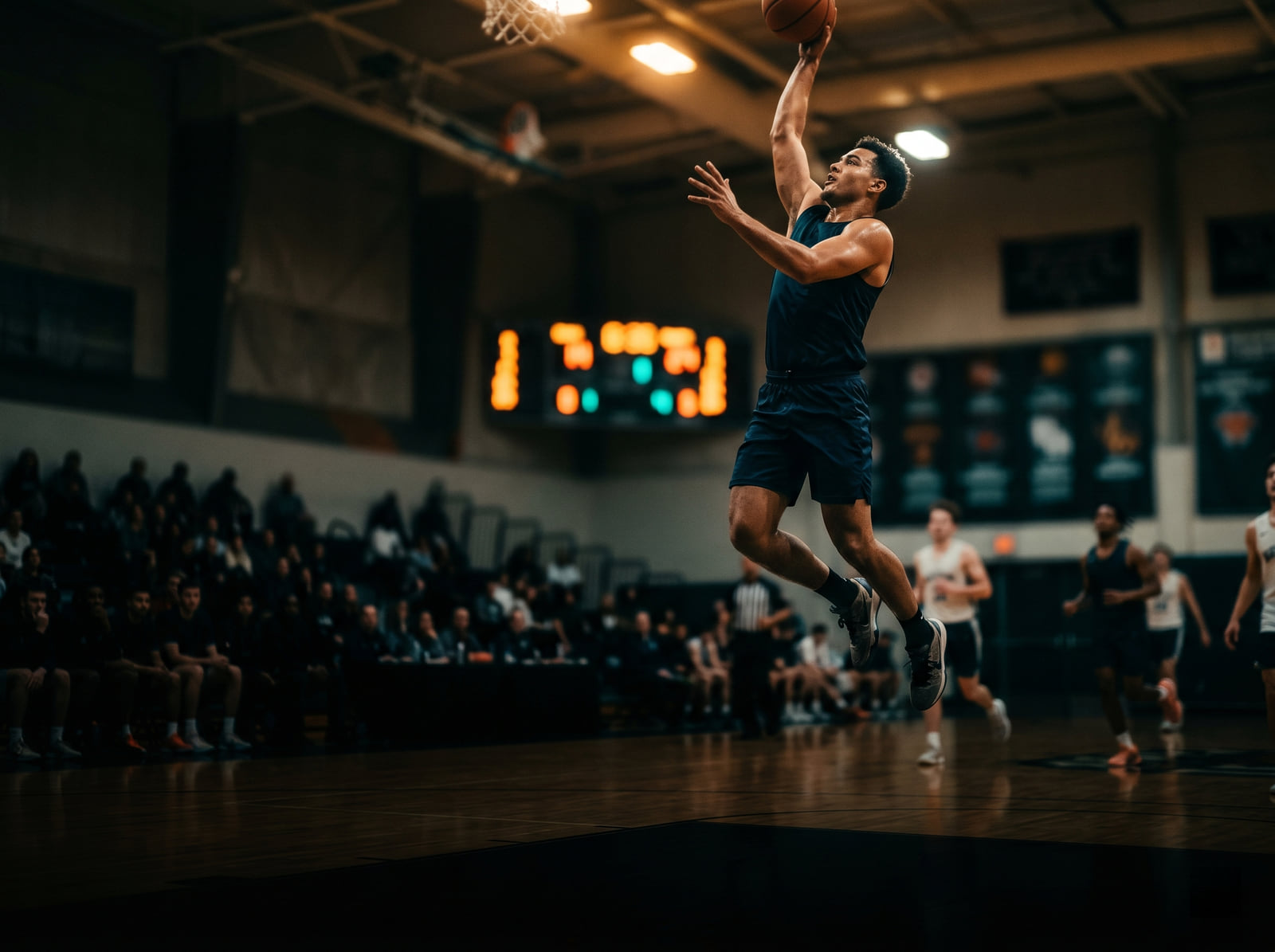 Basketball player mid-air inside an arena, dark spectator area below.