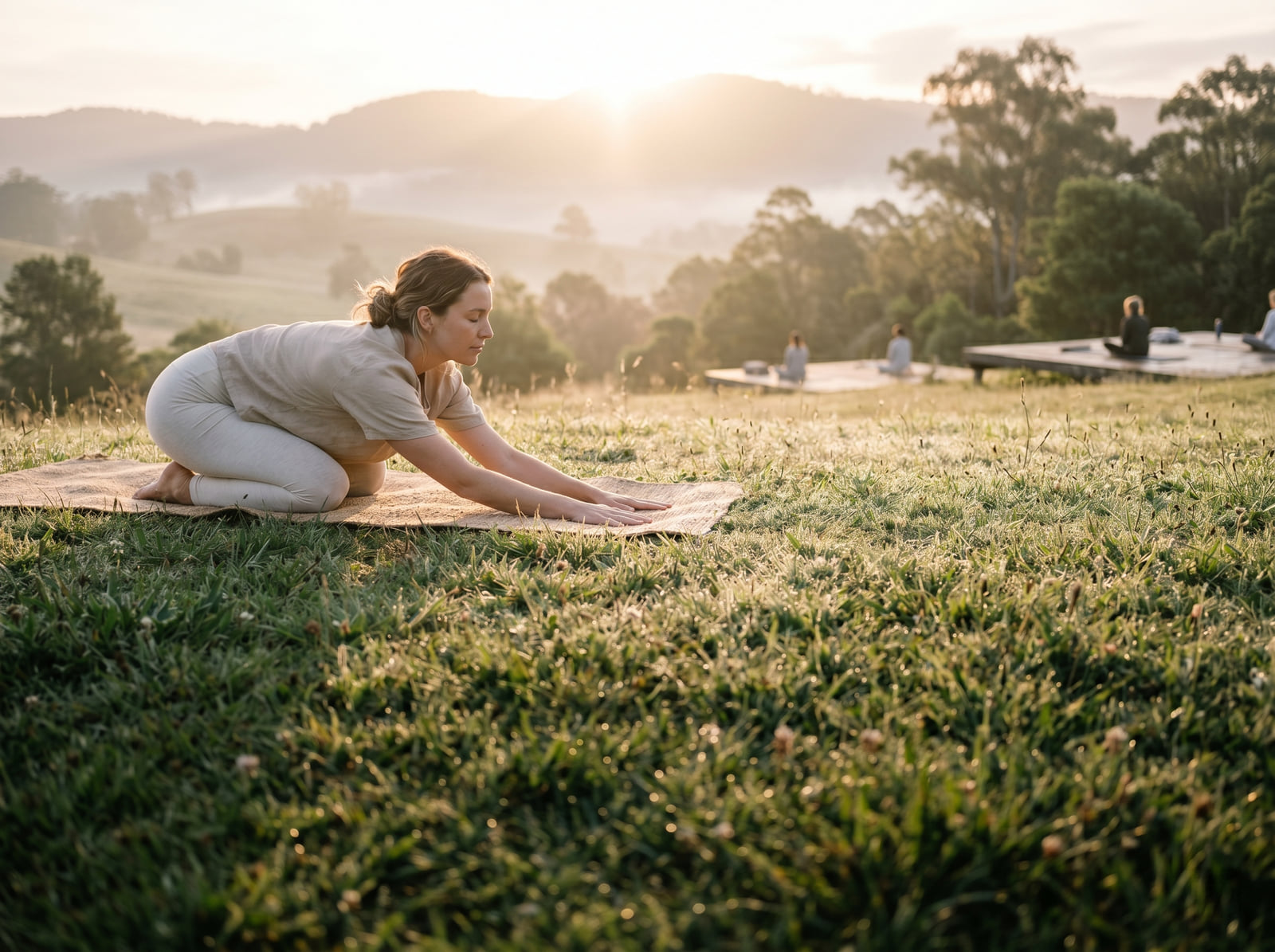 Outdoor yoga at sunrise, clean grass area with morning light.