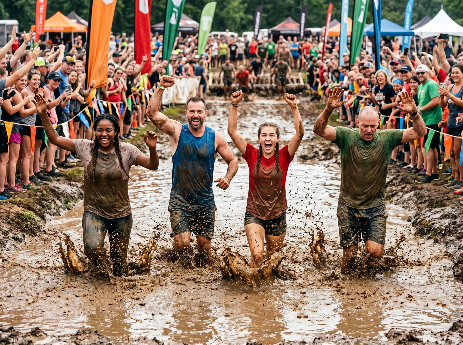Chaotic mud run with many runners, spectators, flags, no clean area.