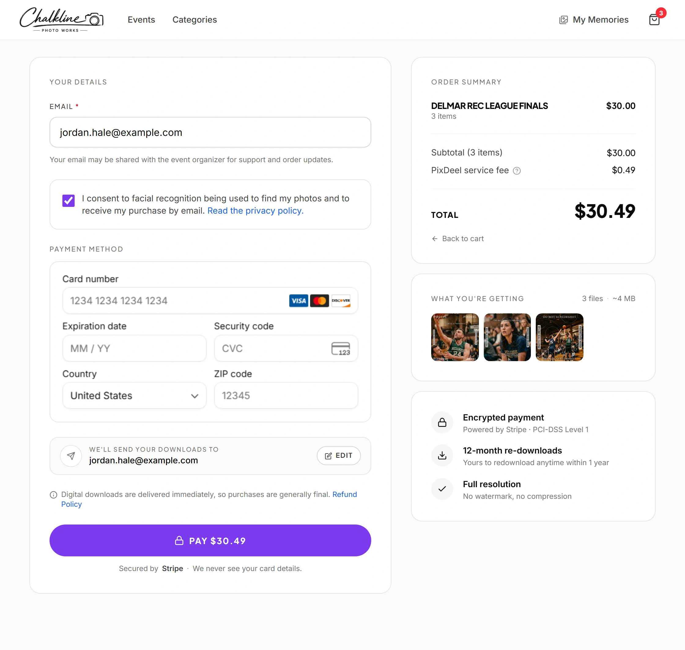Guest checkout on the Chalkline Photo Works storefront: three Delmar Rec League Finals photos, email and card fields, and a single PixDeel service fee
