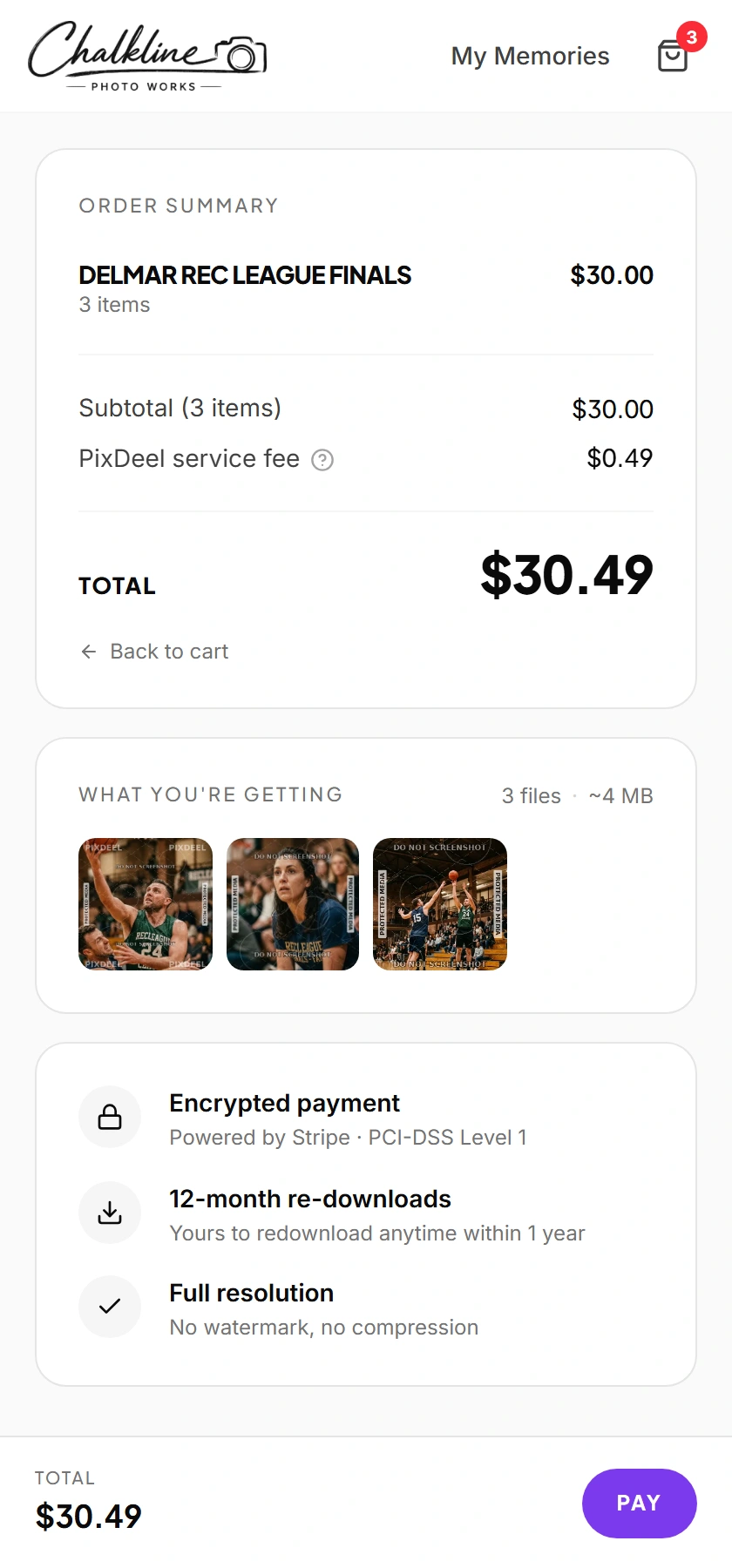 The same checkout on a phone: order summary with subtotal, service fee and total