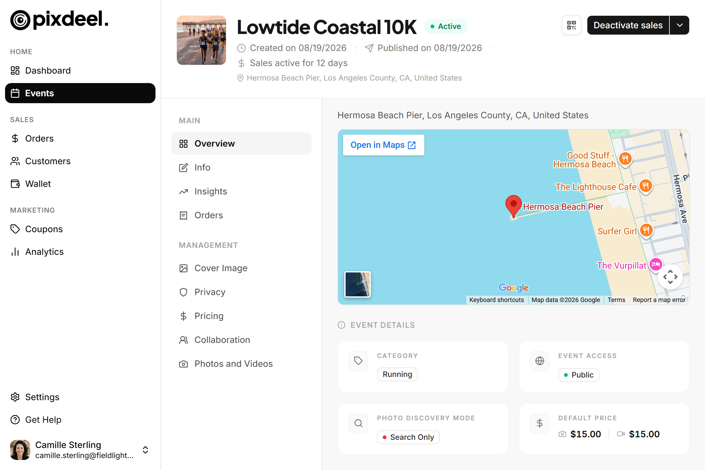 Event dashboard of Lowtide Coastal 10K in the PixDeel admin: location, category, public access, default price $15.00.