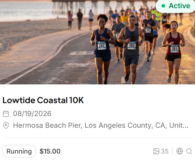Event card in the photographer's list: Lowtide Coastal 10K, active, running, $15.00.