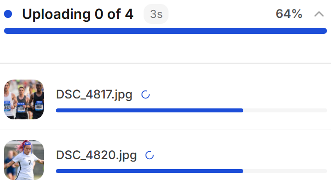 Upload panel: four race photos uploading at once, each with its own progress bar.