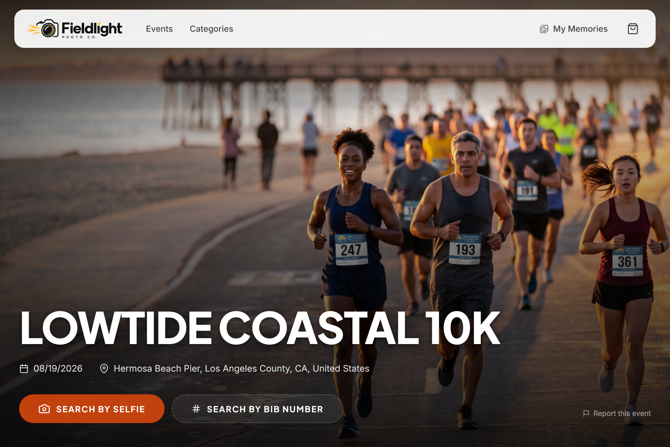 Public event page on the Fieldlight Photo Co. storefront, with search by selfie and by bib number.