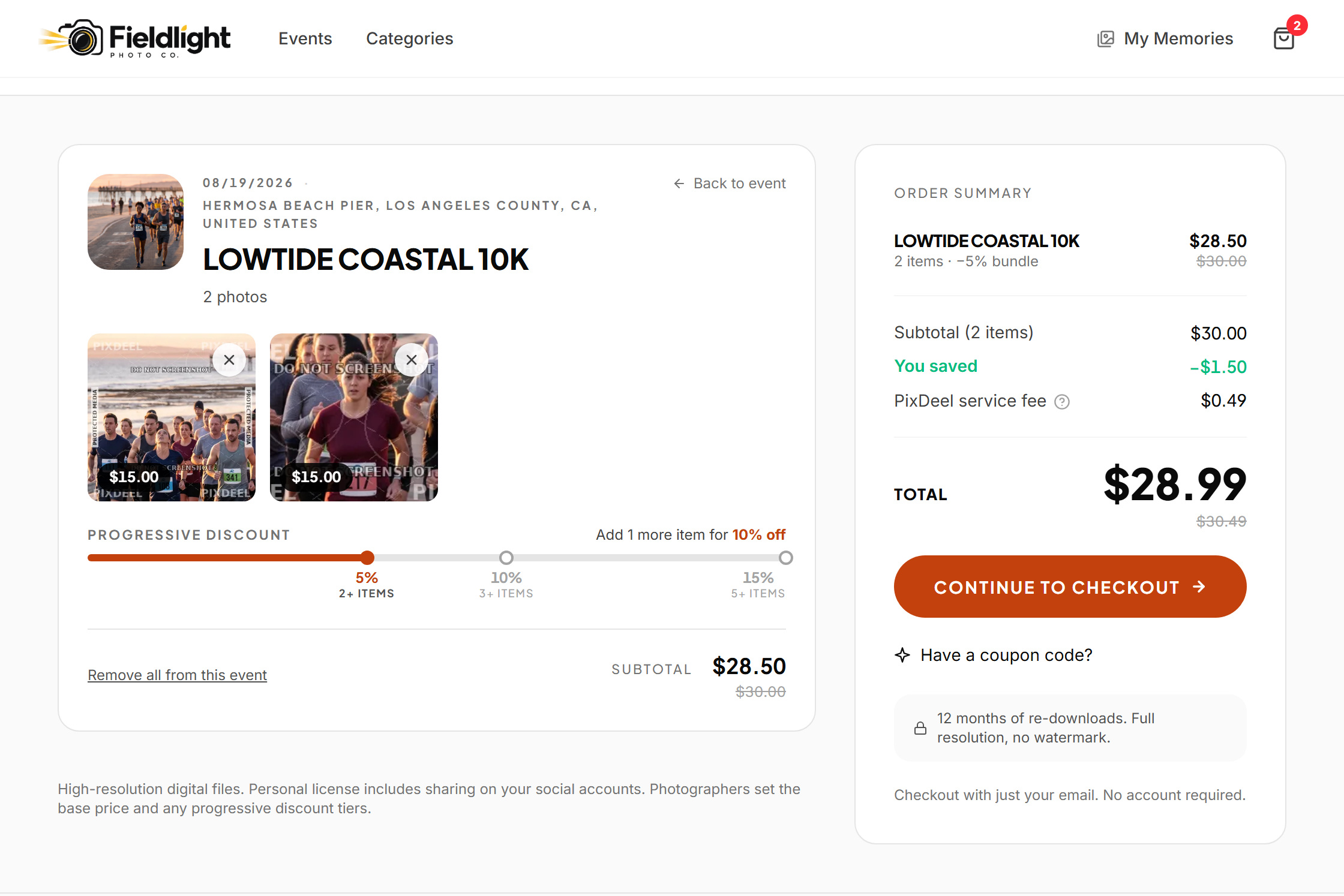 Buyer cart on the storefront: two photos at $15.00, PixDeel service fee $0.49, total $30.49.