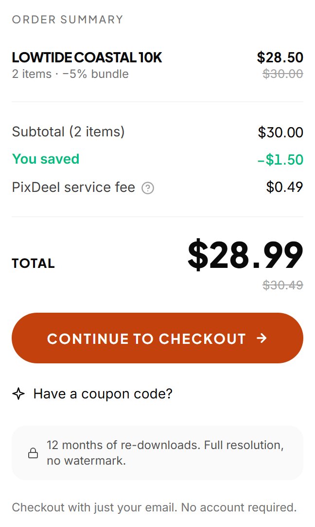 Order summary: two photos, bundle discount, total $28.99 and continue to checkout.