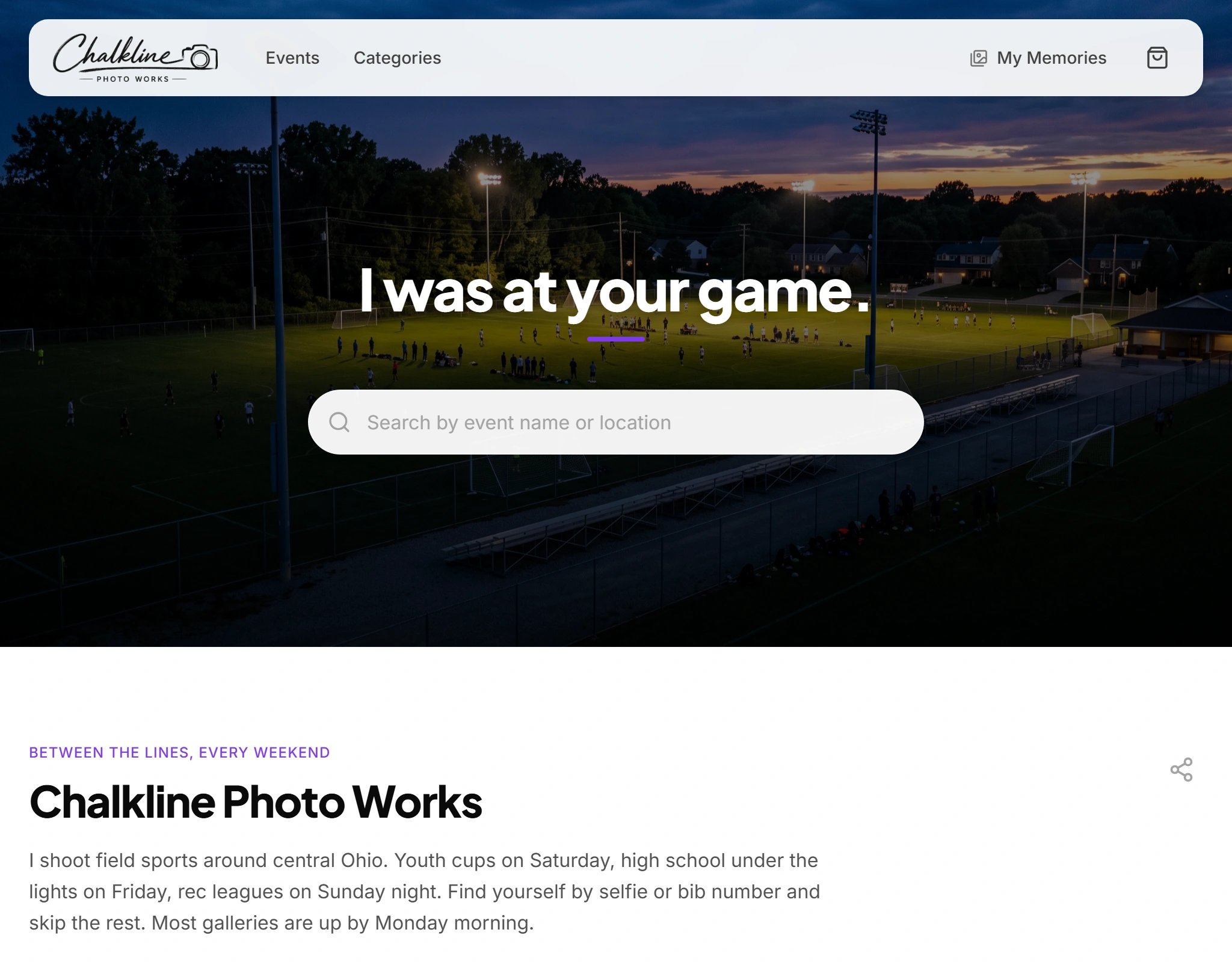 The Chalkline Photo Works storefront on desktop: its own logo, violet accent and three featured events