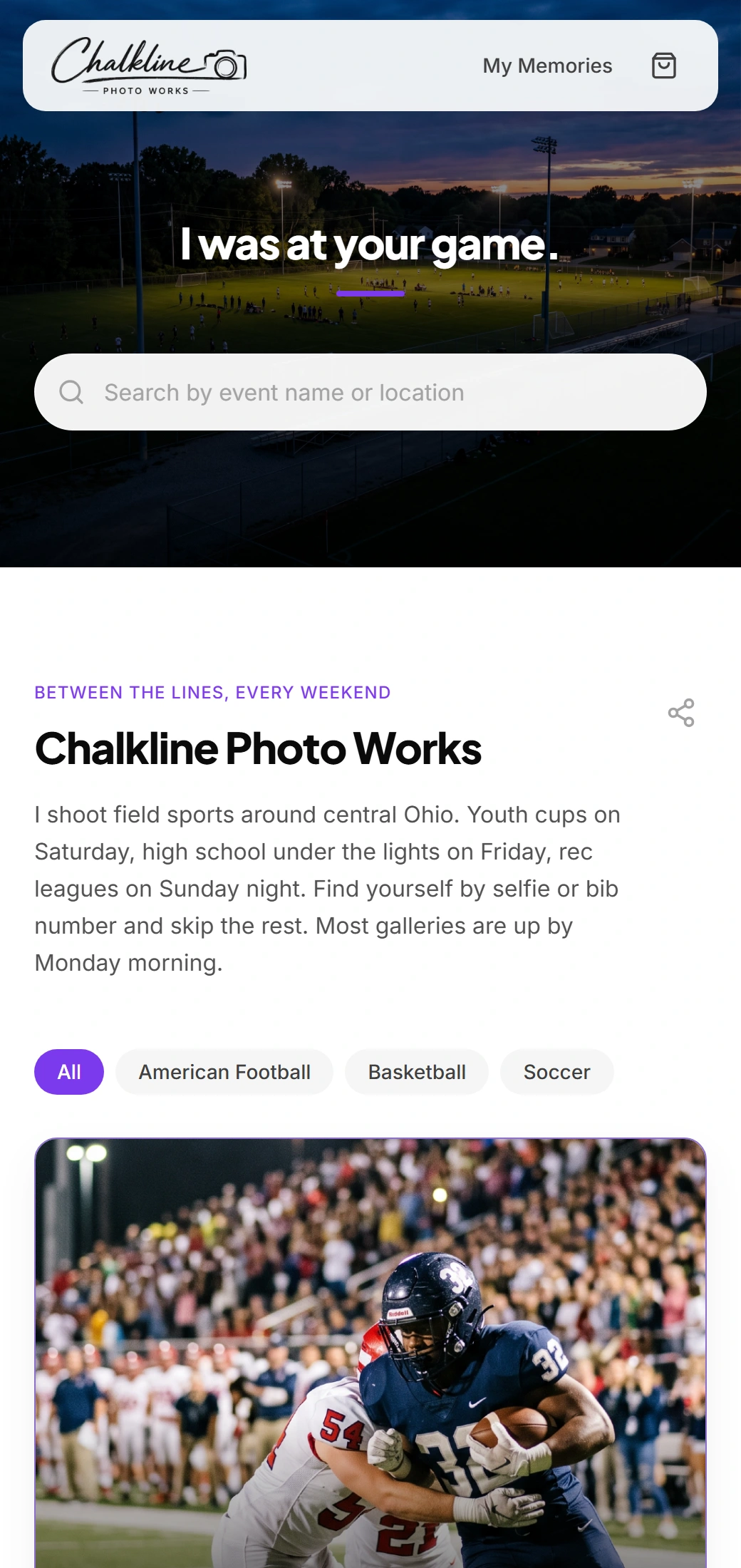 The Chalkline Photo Works storefront on a phone: its own logo, violet accent, about text and event categories