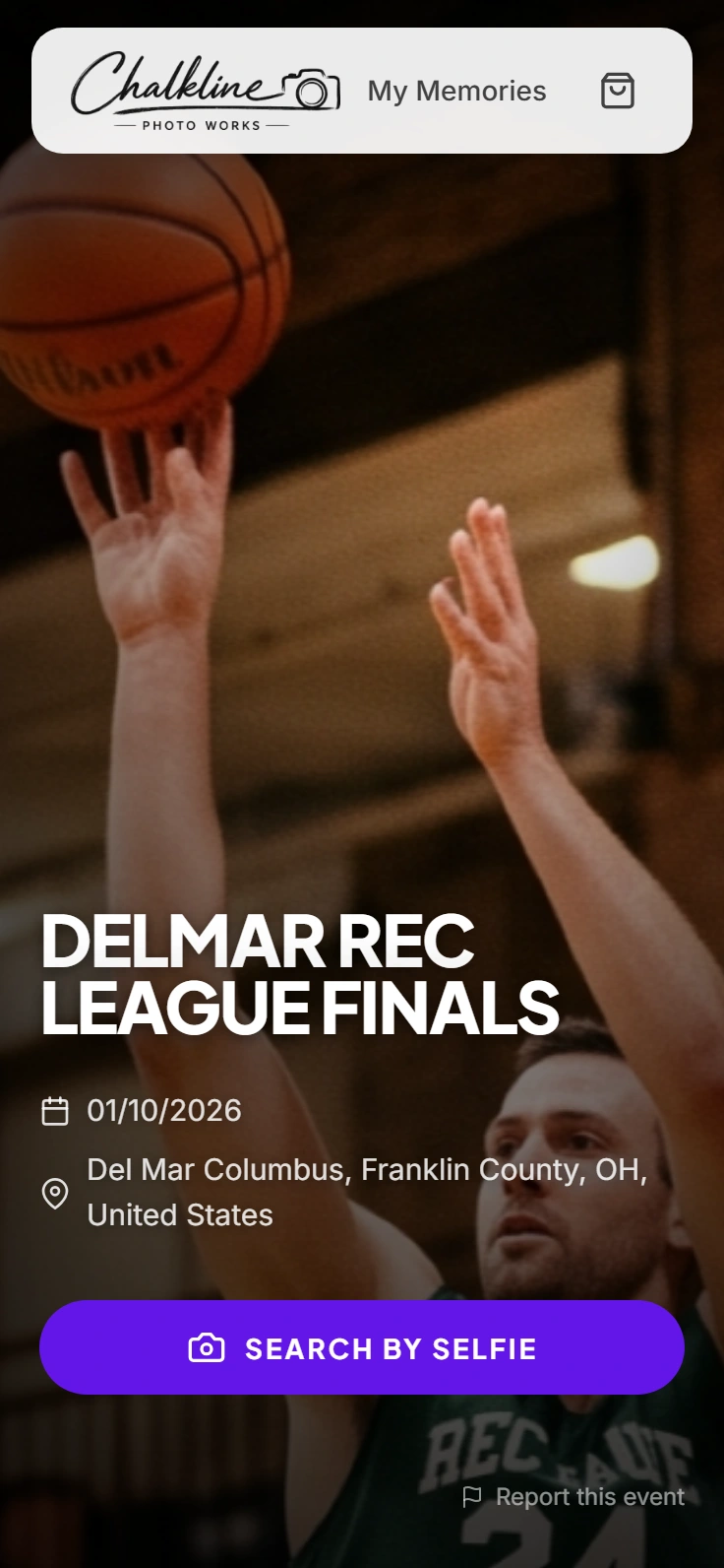 Delmar Rec League Finals event page on a phone, adult basketball in a community gym