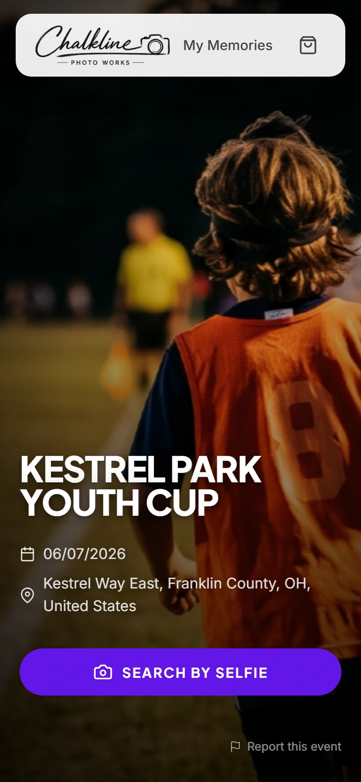 Kestrel Park Youth Cup event page on a phone, youth soccer at golden hour
