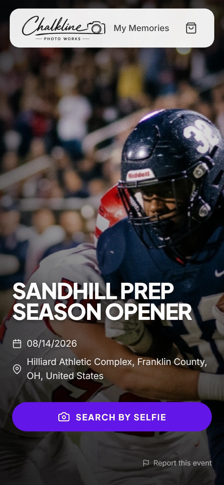 Sandhill Prep Season Opener event page on a phone, high school football under the lights