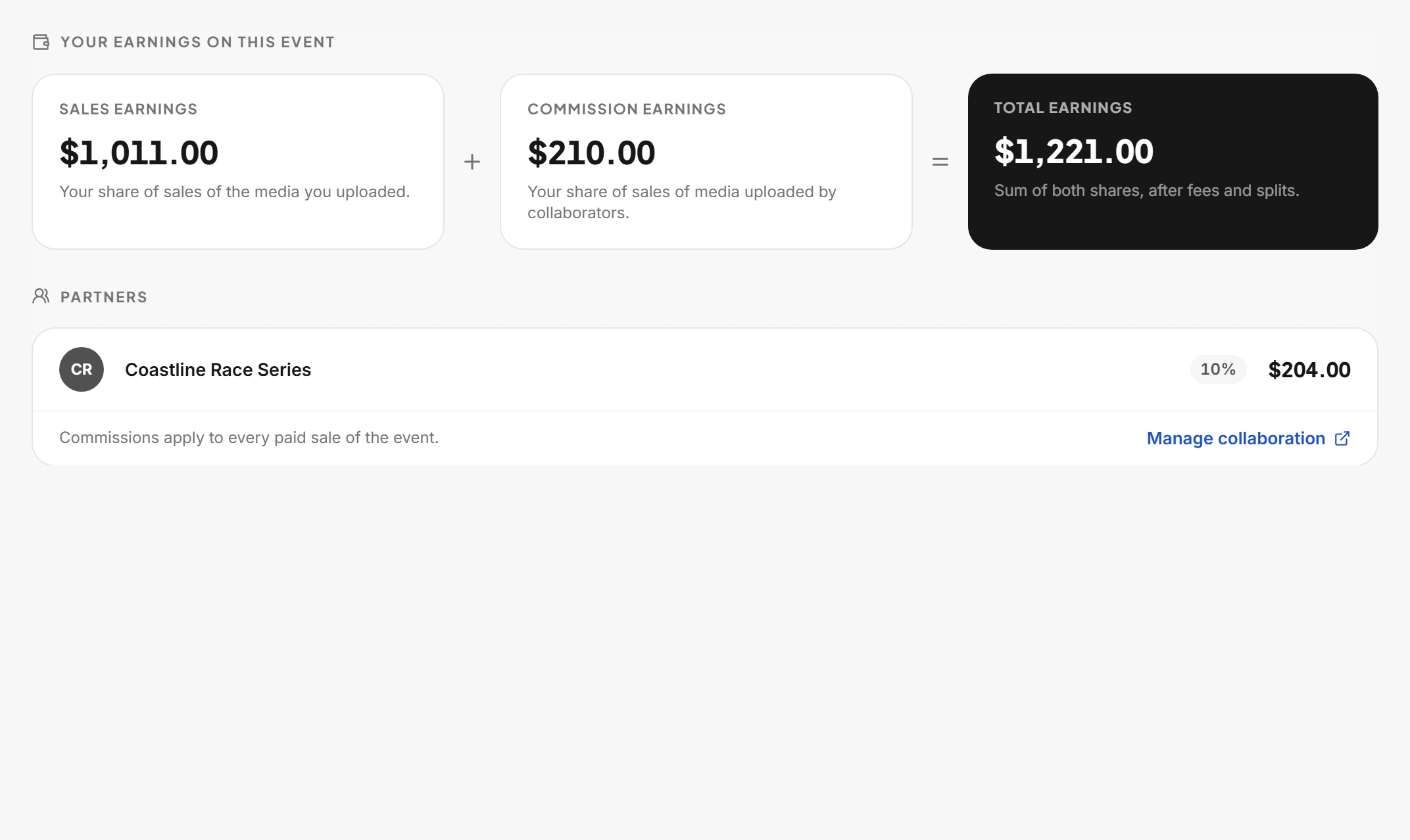 The event's Insights screen: commission earnings plus sales earnings equal total earnings, with the partner's accumulated share below.